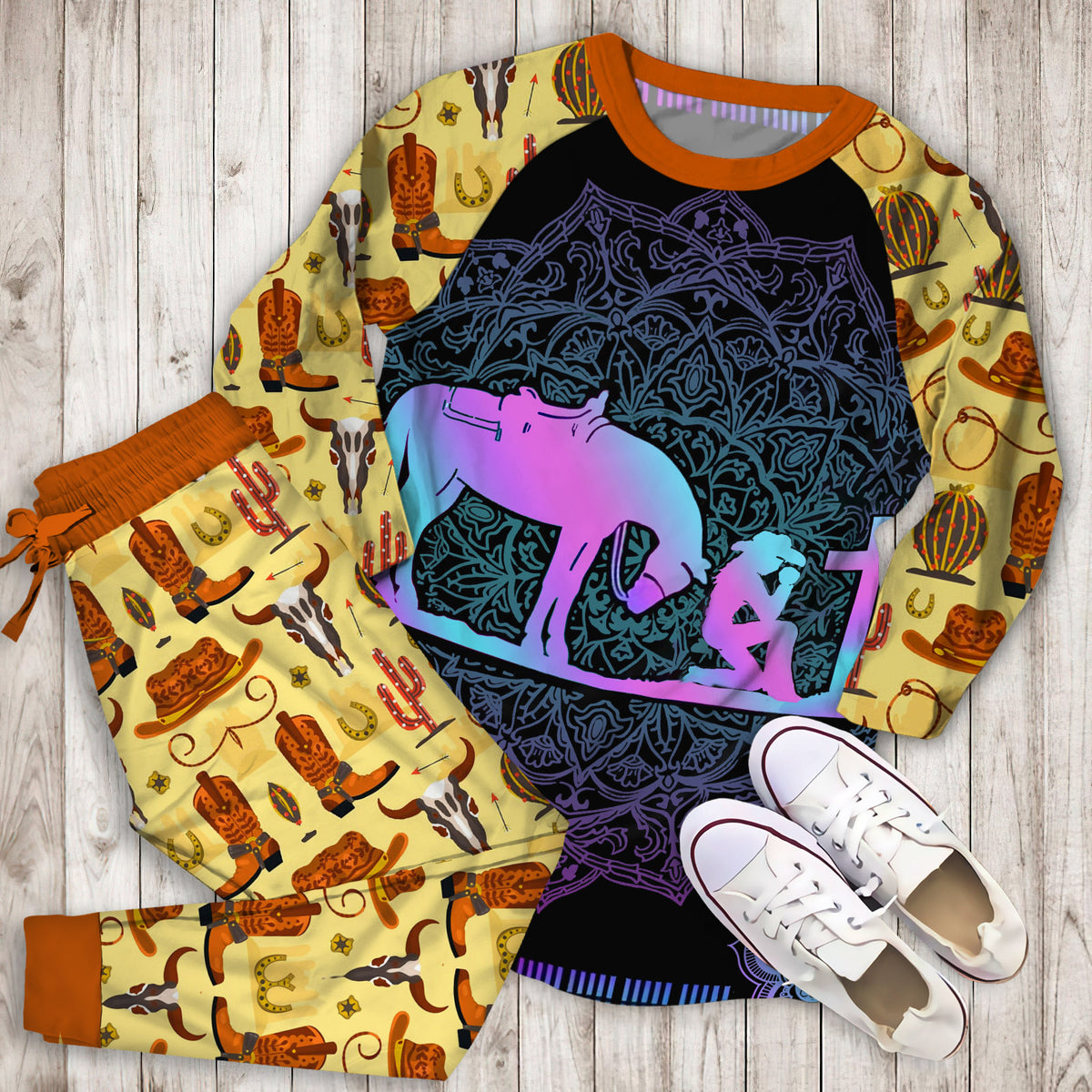 Cowgirl And Her Horse Kneeling At The Cross Pajama Set |Sleepwear Pjs Sets | Raglan Shirt Pants Set