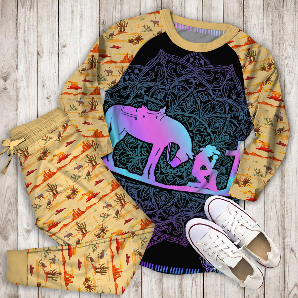 Cowgirl And Her Horse Kneeling At The Cross Pajama Set |Sleepwear Pjs Sets | Raglan Shirt Pants Set