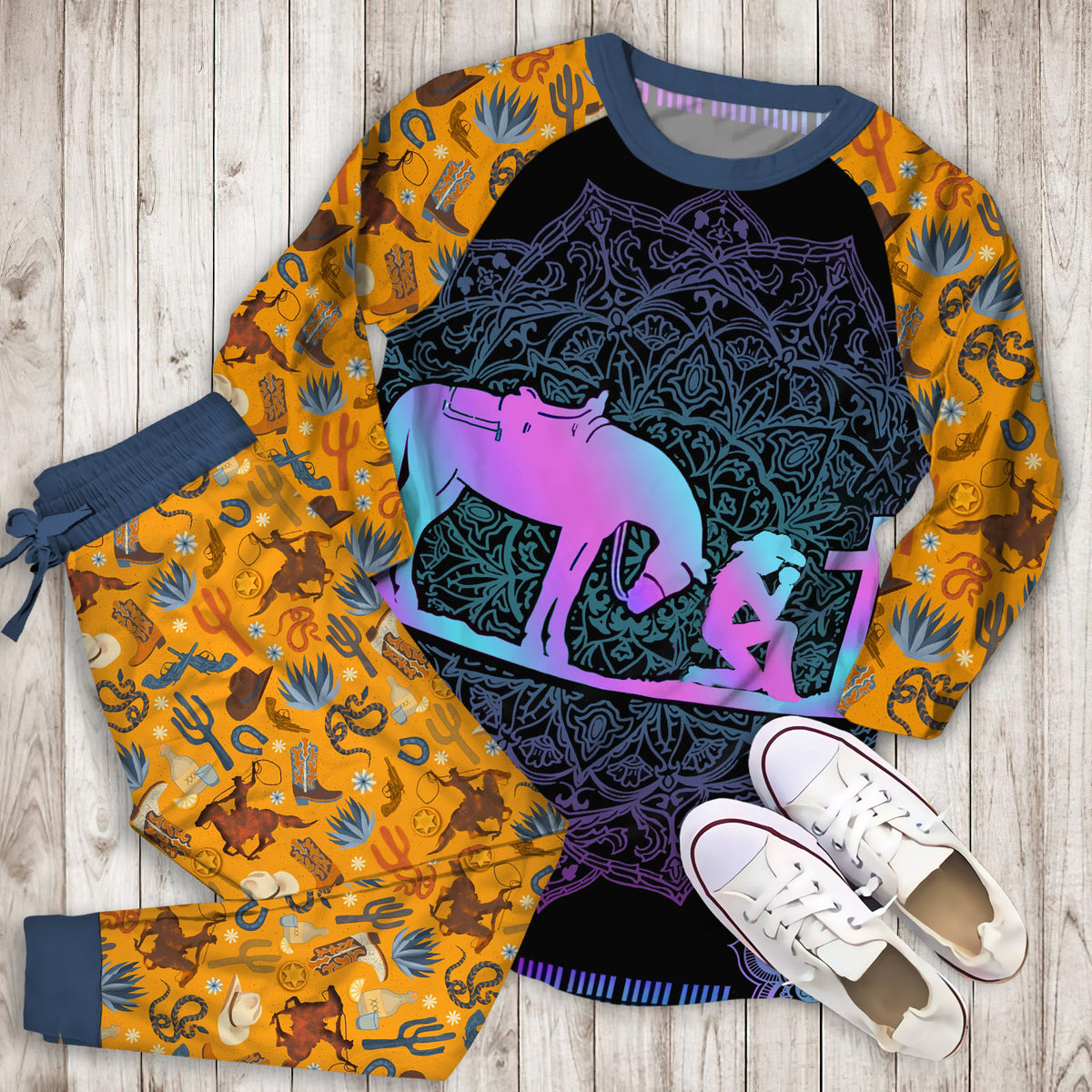 Cowgirl And Her Horse Kneeling At The Cross Pajama Set |Sleepwear Pjs Sets | Raglan Shirt Pants Set
