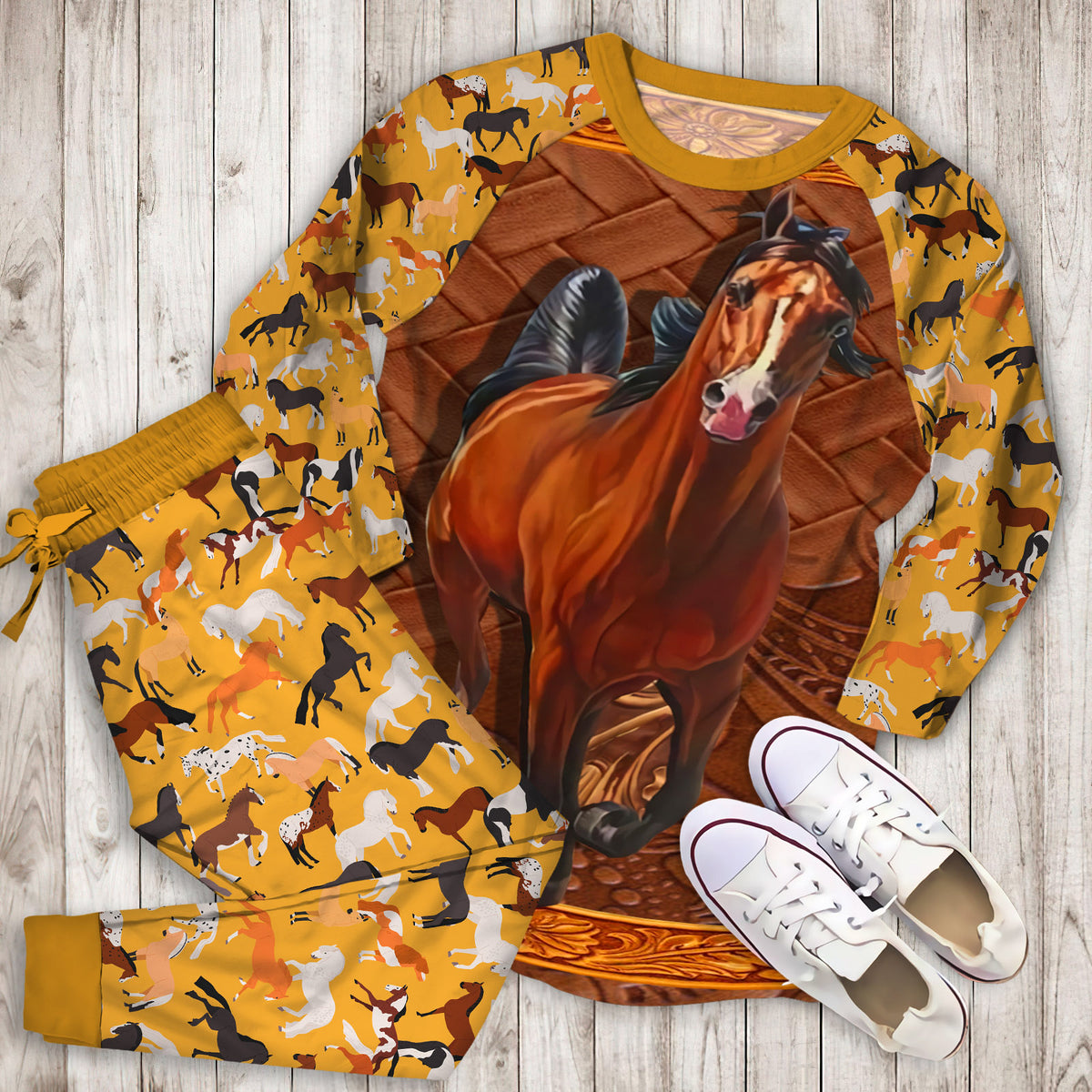 Horse Personalized Name Pajama Set |Sleepwear Pjs Sets | Raglan Shirt Pants Set