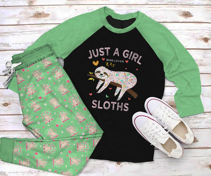 Sloth More Nap More Fun Pajama Set |Sleepwear Pjs Sets | Raglan Shirt Pants Set