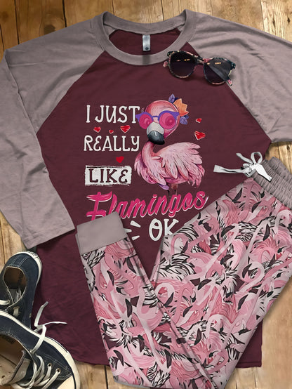 Flamingo Just Like Flamingo Pajama Set |Sleepwear Pjs Sets | Raglan Shirt Pants Set