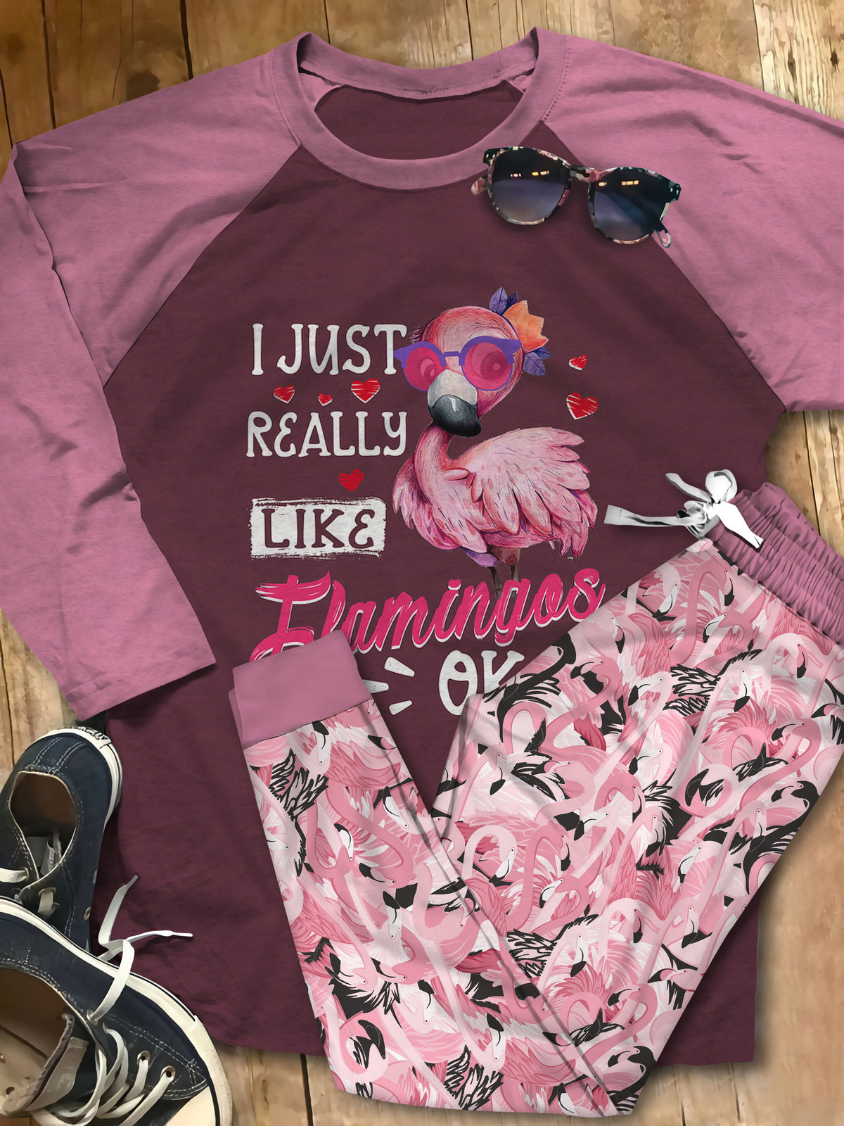 Flamingo Just Like Flamingo Pajama Set |Sleepwear Pjs Sets | Raglan Shirt Pants Set