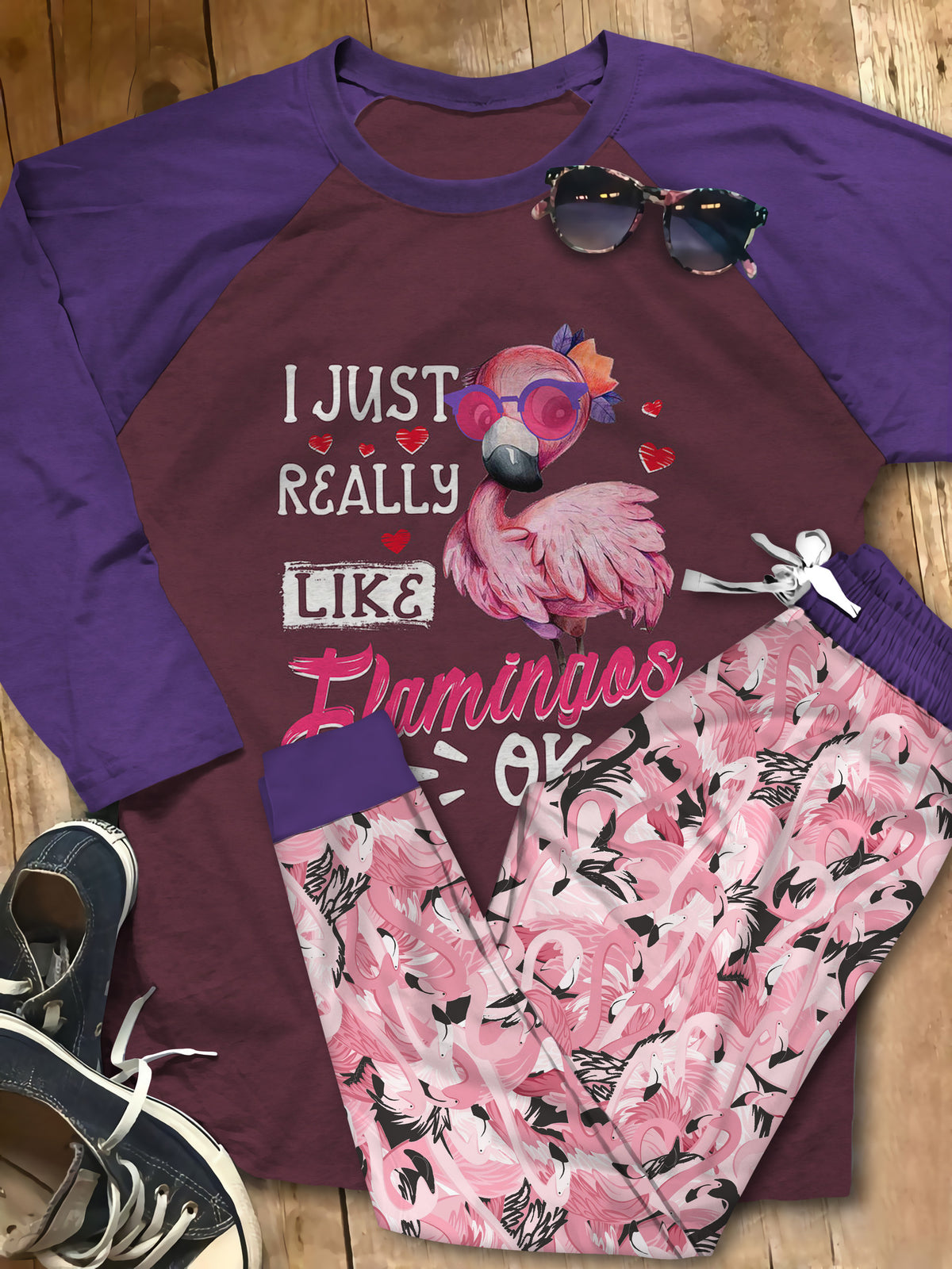 Flamingo Just Like Flamingo Pajama Set |Sleepwear Pjs Sets | Raglan Shirt Pants Set