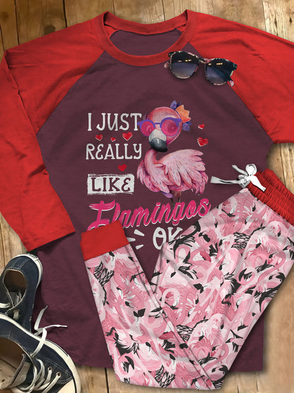 Flamingo Just Like Flamingo Pajama Set |Sleepwear Pjs Sets | Raglan Shirt Pants Set