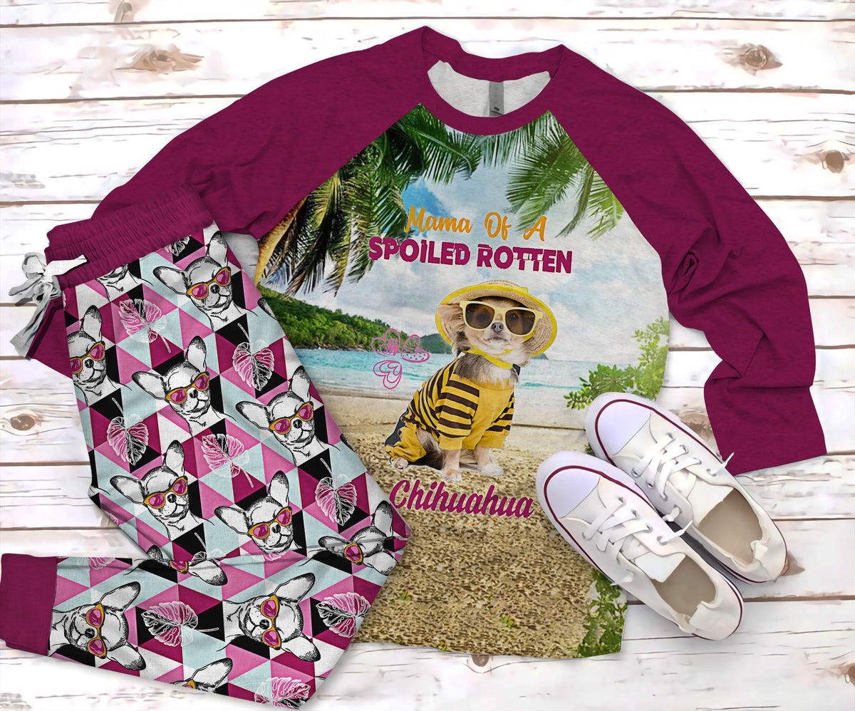 Chihuahua Mama Of Spoiled Rotten Chihuahua Pajama Set |Sleepwear Pjs Sets | Raglan Shirt Pants Set