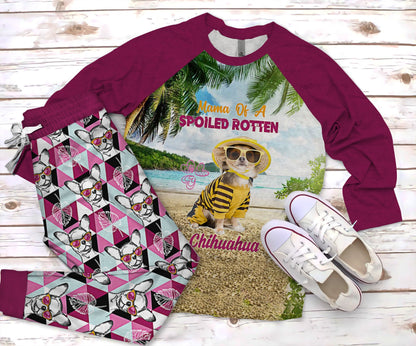 Chihuahua Mama Of Spoiled Rotten Chihuahua Pajama Set |Sleepwear Pjs Sets | Raglan Shirt Pants Set