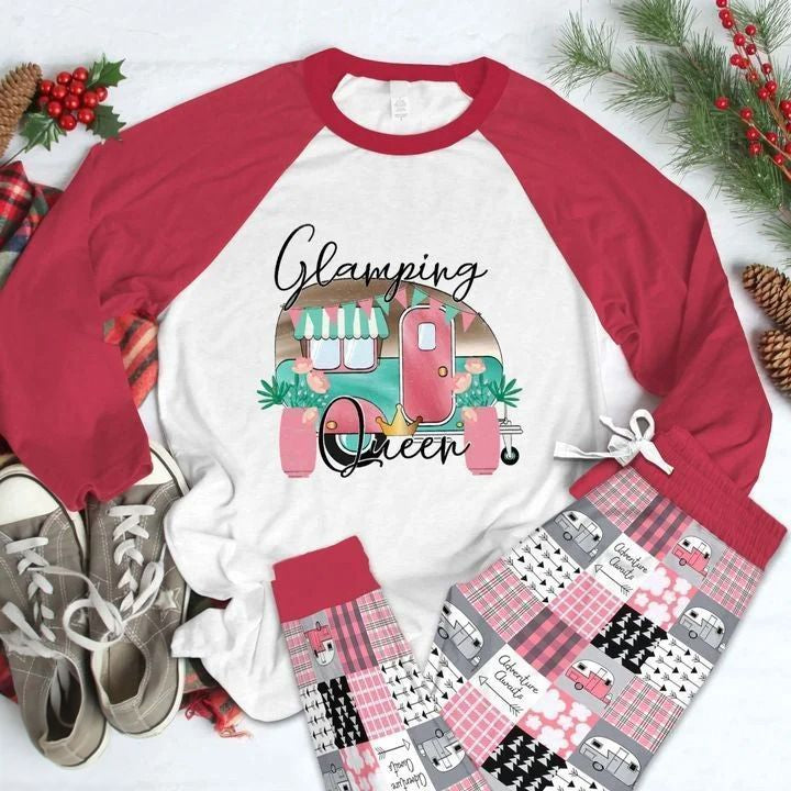 Camping Glamping Queen Pajama Set |Sleepwear Pjs Sets | Raglan Shirt Pants Set