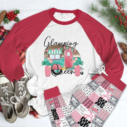 Camping Glamping Queen Pajama Set |Sleepwear Pjs Sets | Raglan Shirt Pants Set