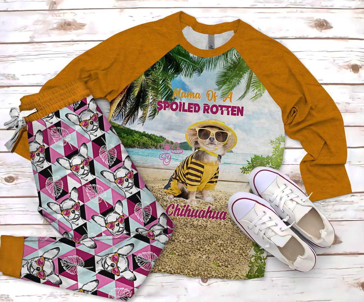 Chihuahua Mama Of Spoiled Rotten Chihuahua Pajama Set |Sleepwear Pjs Sets | Raglan Shirt Pants Set