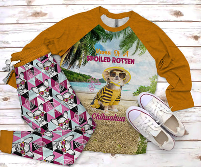 Chihuahua Mama Of Spoiled Rotten Chihuahua Pajama Set |Sleepwear Pjs Sets | Raglan Shirt Pants Set