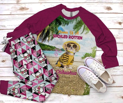 Chihuahua Mama Of Spoiled Rotten Chihuahua Pajama Set |Sleepwear Pjs Sets | Raglan Shirt Pants Set