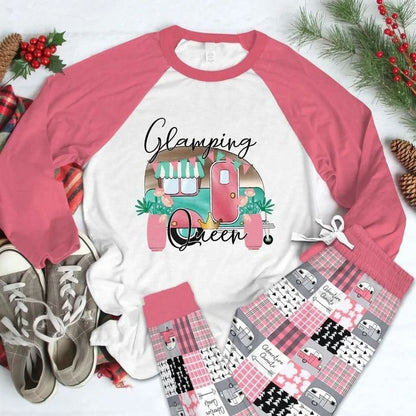 Camping Glamping Queen Pajama Set |Sleepwear Pjs Sets | Raglan Shirt Pants Set