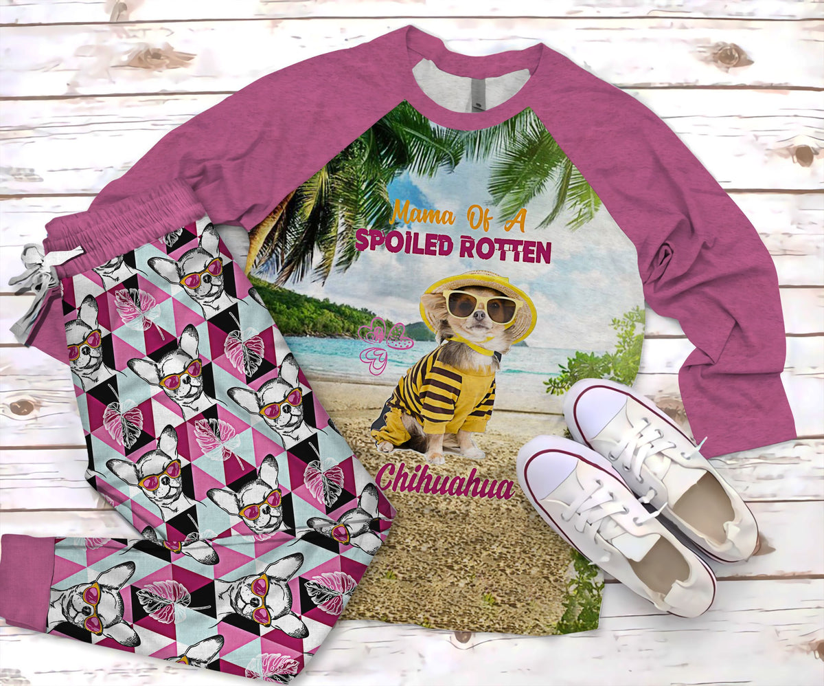 Chihuahua Mama Of Spoiled Rotten Chihuahua Pajama Set |Sleepwear Pjs Sets | Raglan Shirt Pants Set