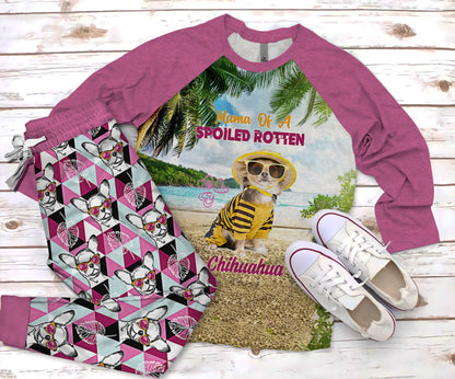 Chihuahua Mama Of Spoiled Rotten Chihuahua Pajama Set |Sleepwear Pjs Sets | Raglan Shirt Pants Set