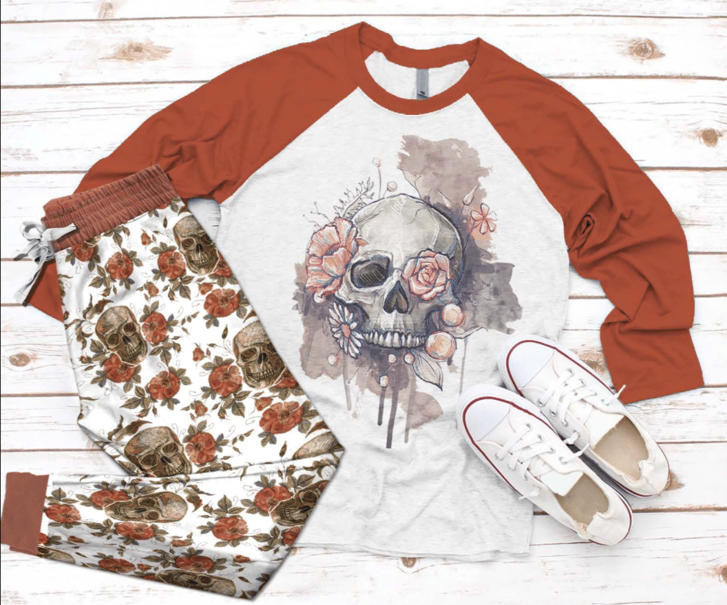 Skull Flowery Pajama Set |Sleepwear Pjs Sets | Raglan Shirt Pants Set
