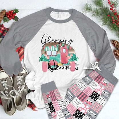 Camping Glamping Queen Pajama Set |Sleepwear Pjs Sets | Raglan Shirt Pants Set