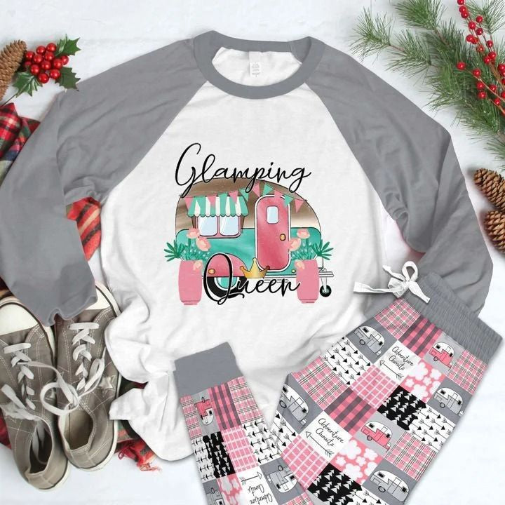 Camping Glamping Queen Pajama Set |Sleepwear Pjs Sets | Raglan Shirt Pants Set