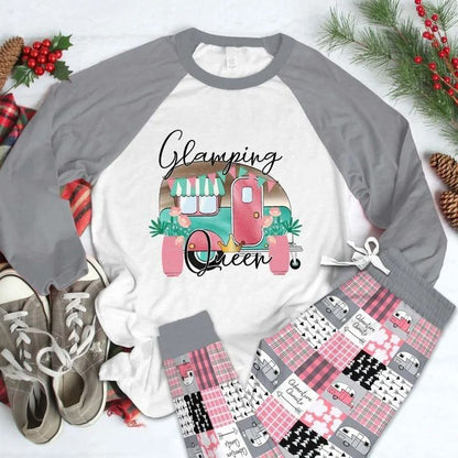 Camping Glamping Queen Pajama Set |Sleepwear Pjs Sets | Raglan Shirt Pants Set