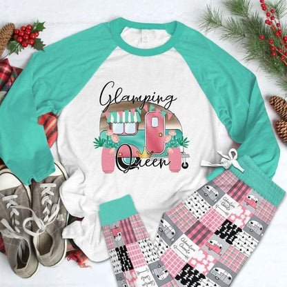 Camping Glamping Queen Pajama Set |Sleepwear Pjs Sets | Raglan Shirt Pants Set