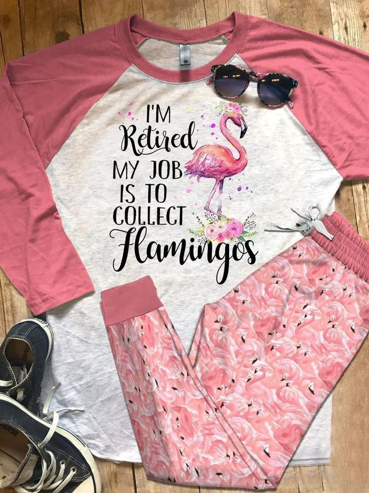 Flamingo Retired Pajama Set |Sleepwear Pjs Sets | Raglan Shirt Pants Set