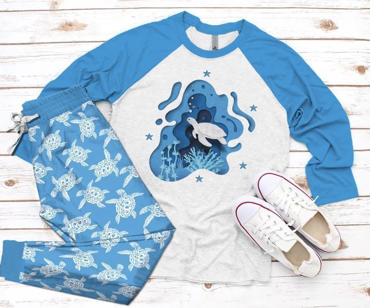 Sea Turtle Ocean Pajama Set |Sleepwear Pjs Sets | Raglan Shirt Pants Set