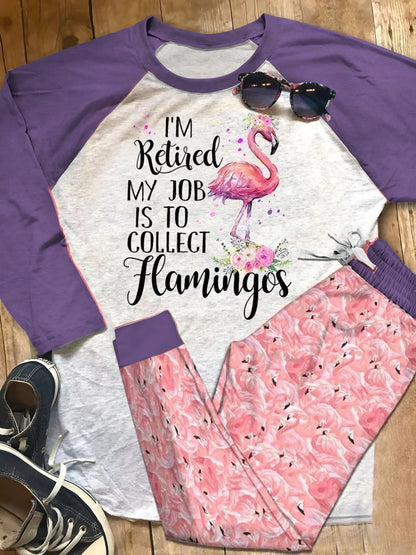 Flamingo Retired Pajama Set |Sleepwear Pjs Sets | Raglan Shirt Pants Set