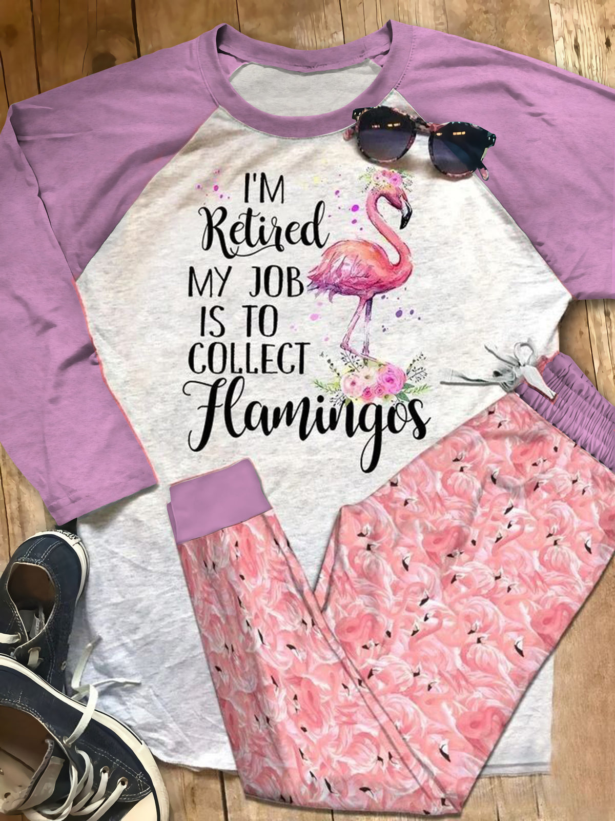 Flamingo Retired Pajama Set |Sleepwear Pjs Sets | Raglan Shirt Pants Set