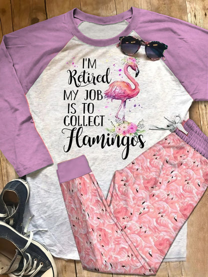 Flamingo Retired Pajama Set |Sleepwear Pjs Sets | Raglan Shirt Pants Set