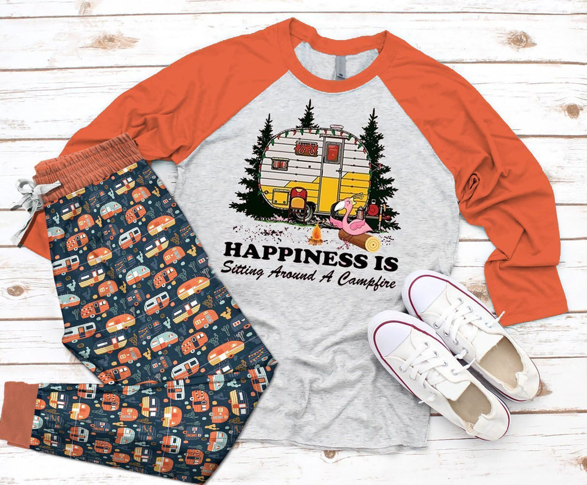 Camping Sitting Around Pajama Set |Sleepwear Pjs Sets | Raglan Shirt Pants Set