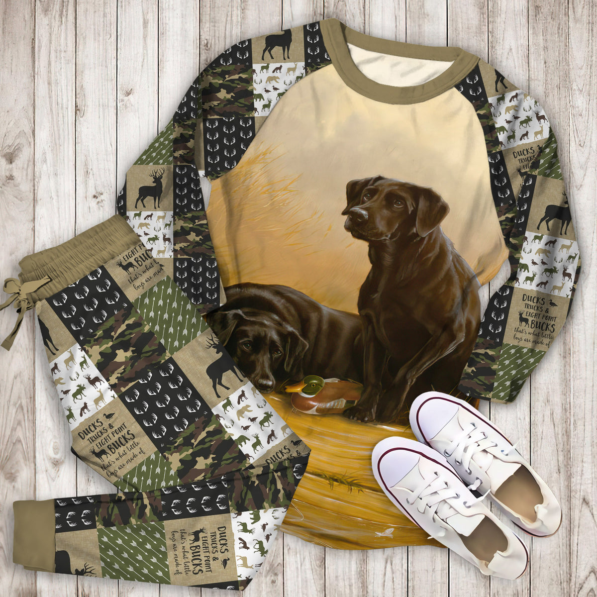 Black Lab Hunting Dogs Pajama Set |Sleepwear Pjs Sets | Raglan Shirt Pants Set