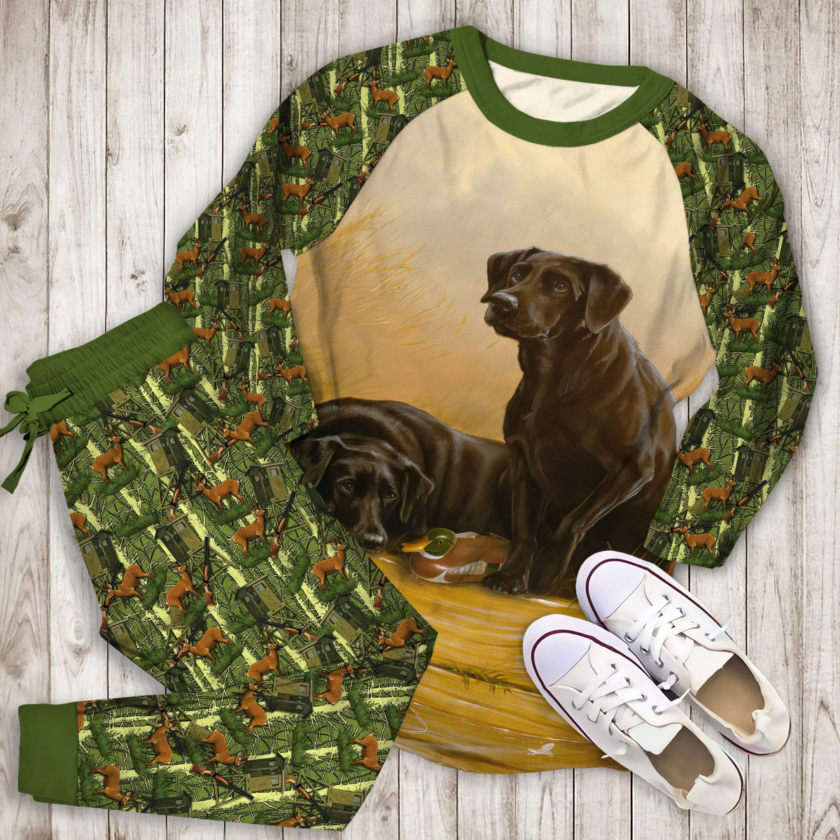 Black Lab Hunting Dogs Pajama Set |Sleepwear Pjs Sets | Raglan Shirt Pants Set