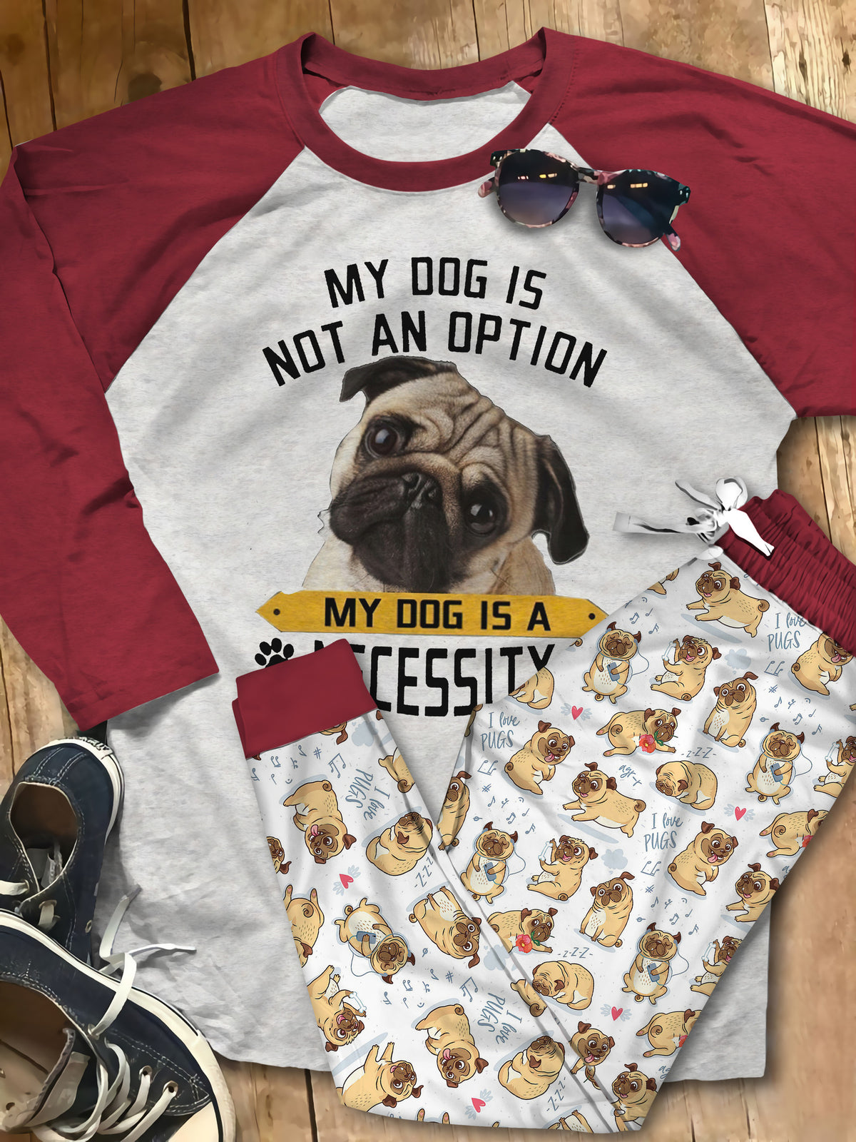 Pug Necessity Pajama Set |Sleepwear Pjs Sets | Raglan Shirt Pants Set