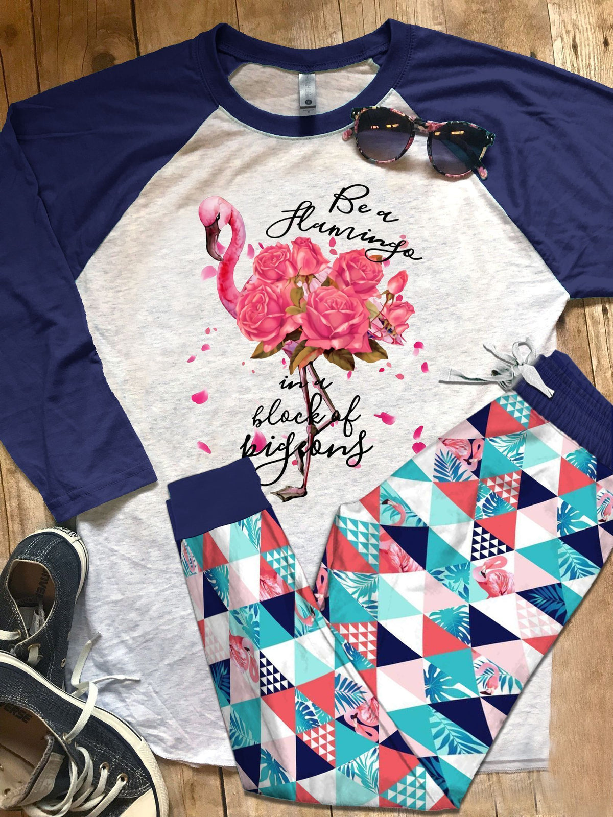 Flamingo Fancy Huh Pajama Set |Sleepwear Pjs Sets | Raglan Shirt Pants Set