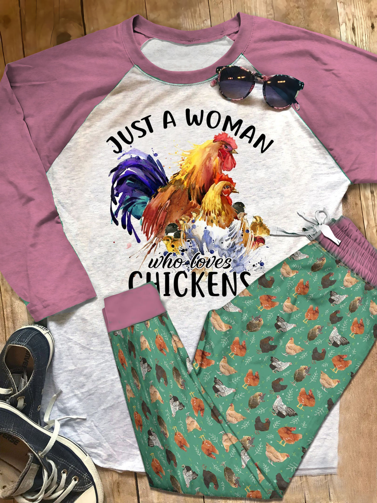 Chicken Just A Woman Who Loves Chicken Pajama Set |Sleepwear Pjs Sets | Raglan Shirt Pants Set