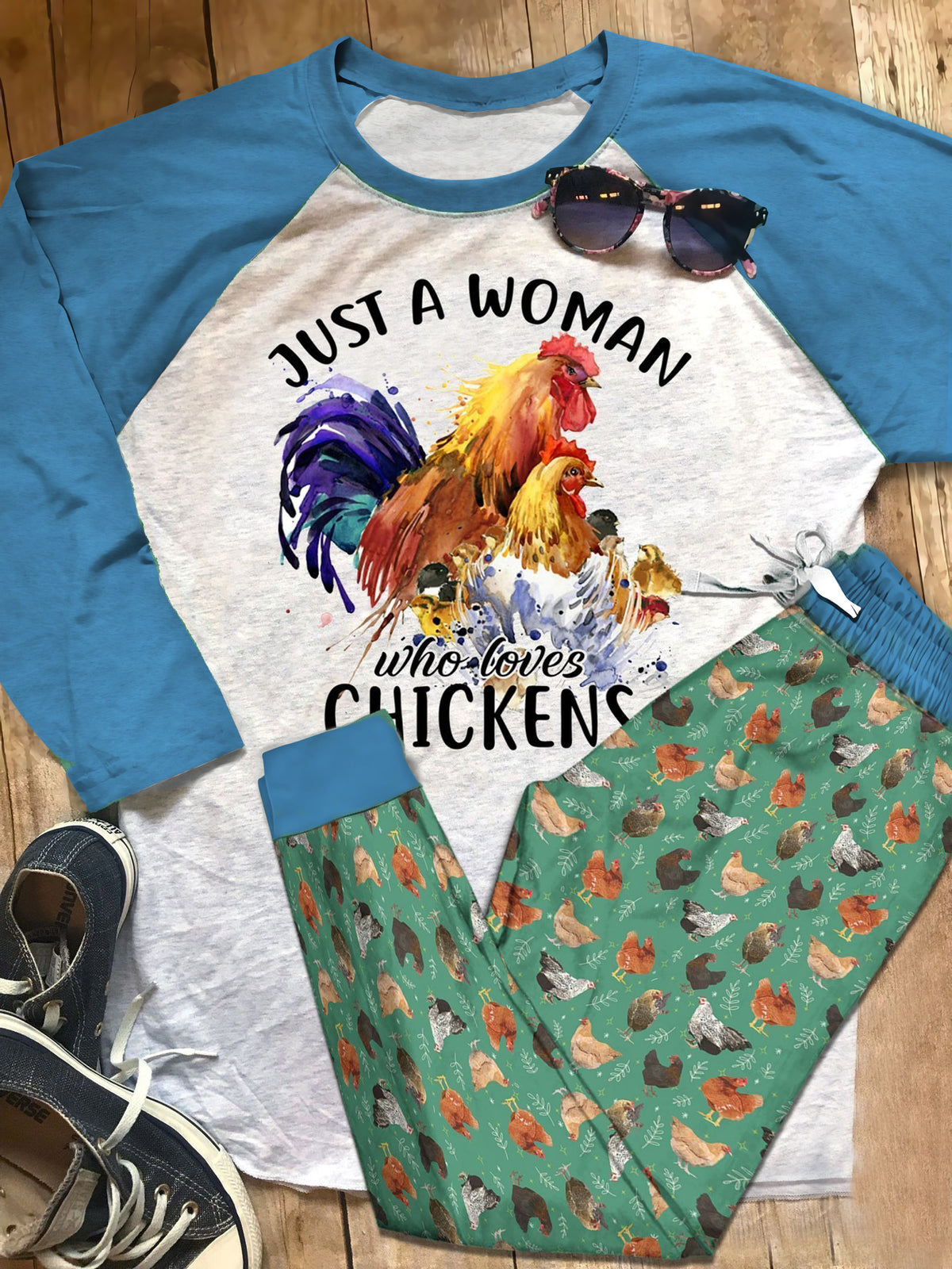 Chicken Just A Woman Who Loves Chicken Pajama Set |Sleepwear Pjs Sets | Raglan Shirt Pants Set