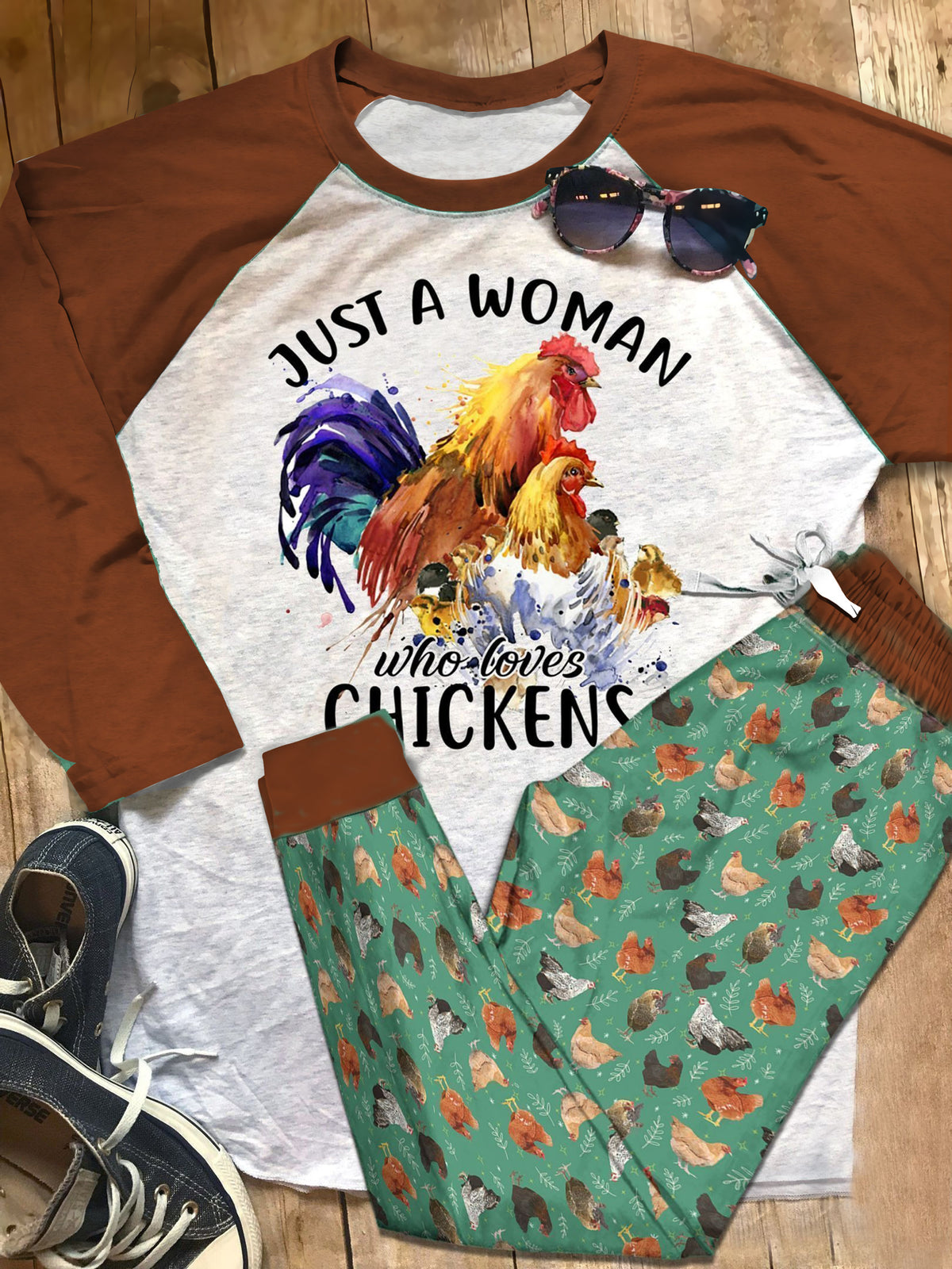 Chicken Just A Woman Who Loves Chicken Pajama Set |Sleepwear Pjs Sets | Raglan Shirt Pants Set