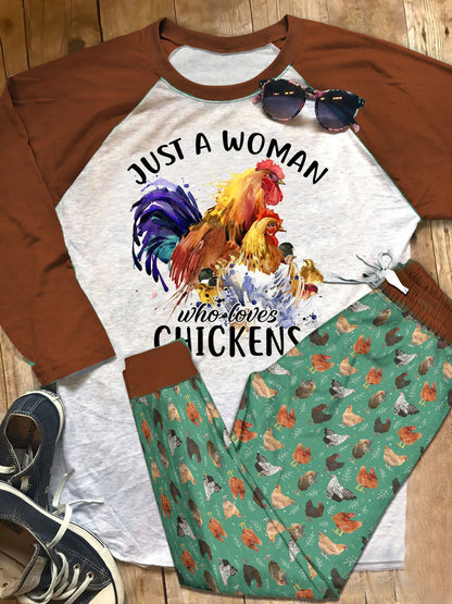 Chicken Just A Woman Who Loves Chicken Pajama Set |Sleepwear Pjs Sets | Raglan Shirt Pants Set