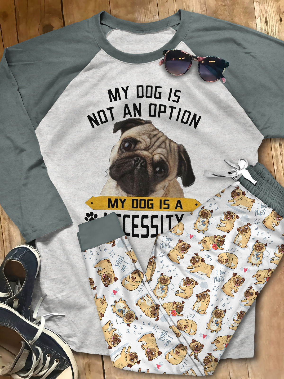 Pug Necessity Pajama Set |Sleepwear Pjs Sets | Raglan Shirt Pants Set