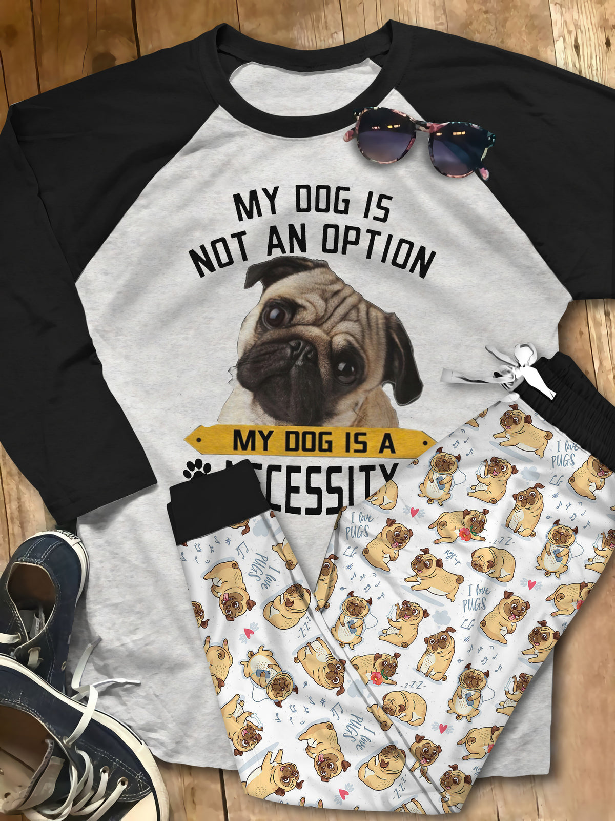 Pug Necessity Pajama Set |Sleepwear Pjs Sets | Raglan Shirt Pants Set