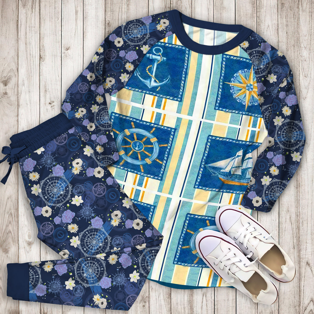 Compass Ships Anchor Pajama Set | Pajamas | Cotton Sleepwear Sets | Soft Long Sleeve Pjs | Raglan Shirt and Pants Set