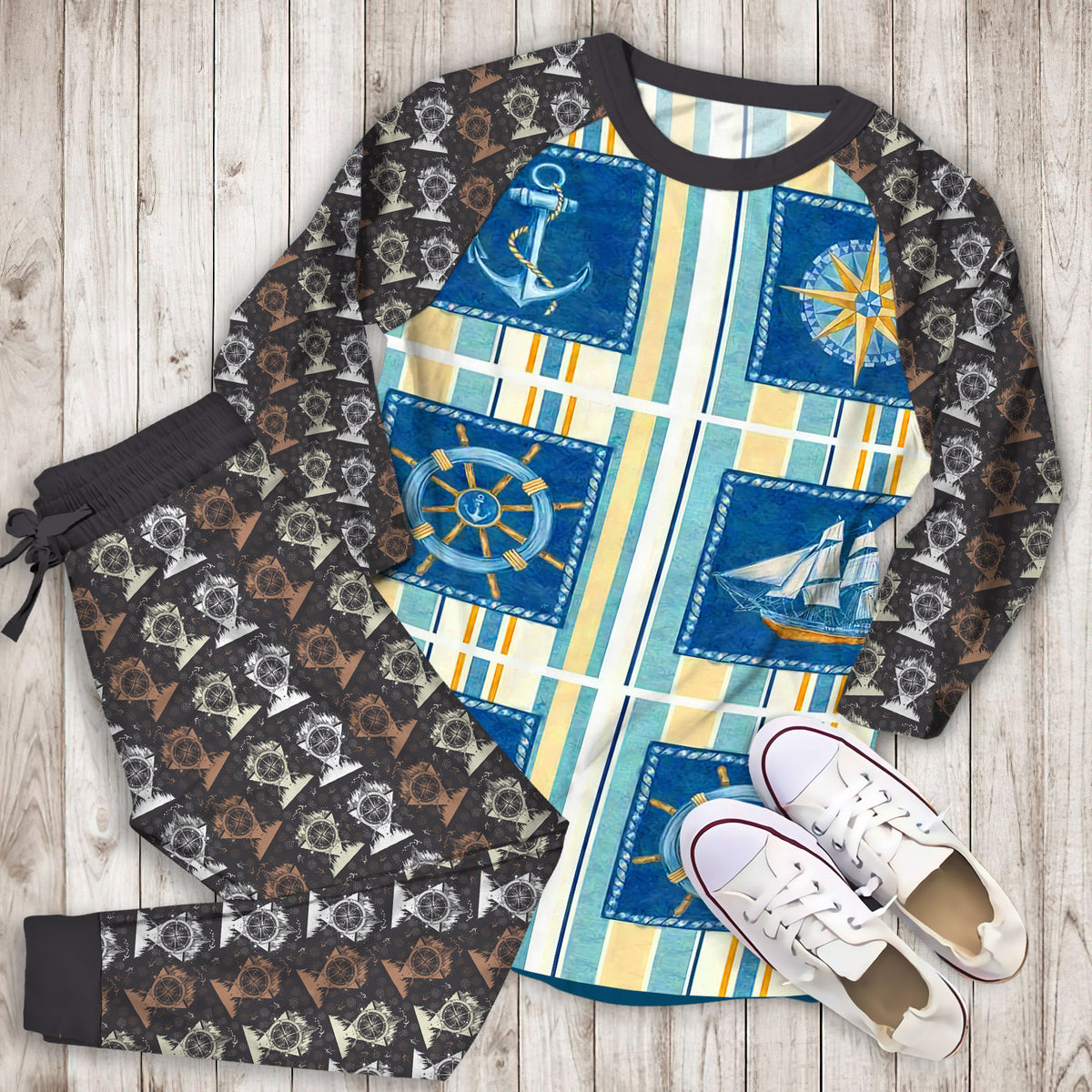 Compass Ships Anchor Pajama Set | Pajamas | Cotton Sleepwear Sets | Soft Long Sleeve Pjs | Raglan Shirt and Pants Set
