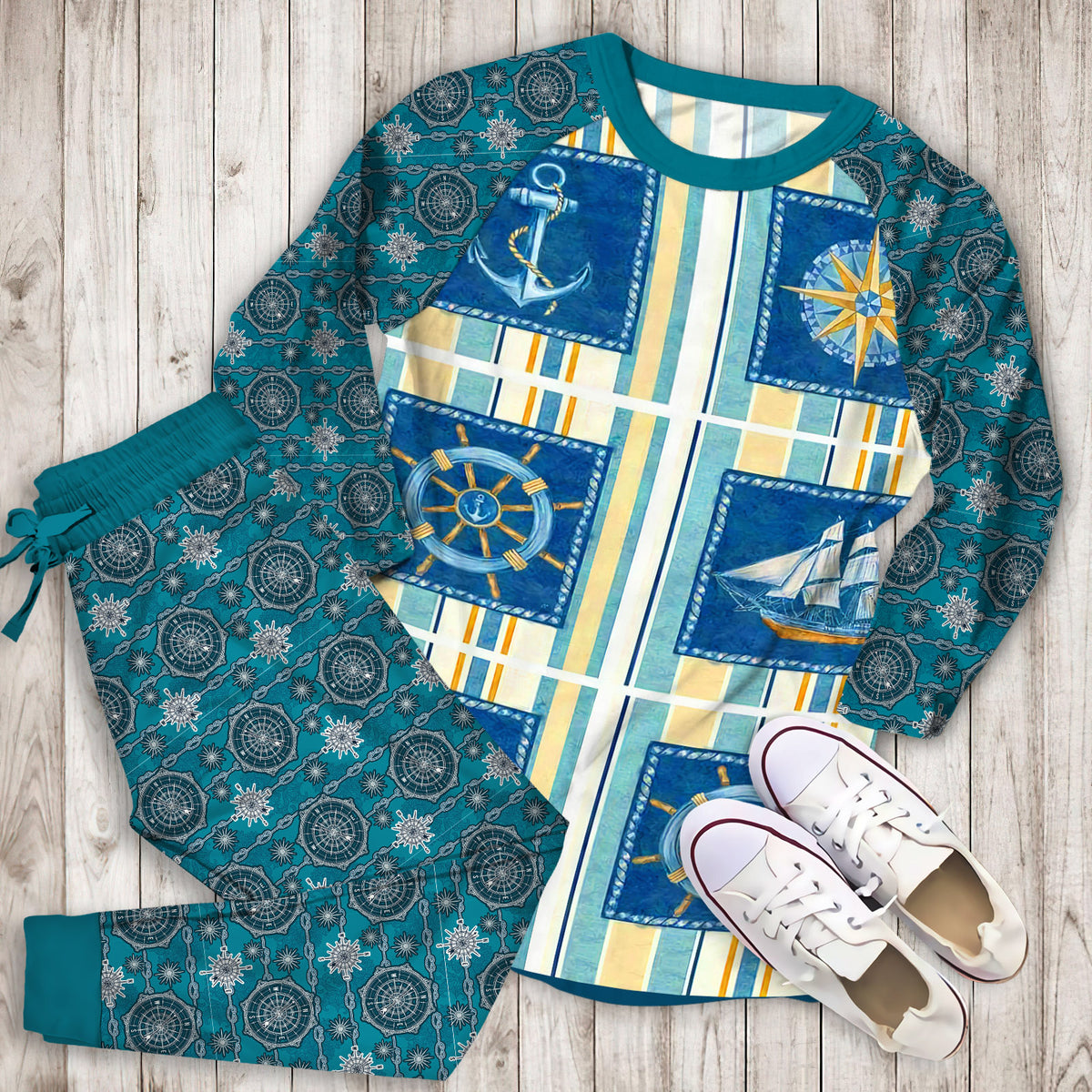 Compass Ships Anchor Pajama Set | Pajamas | Cotton Sleepwear Sets | Soft Long Sleeve Pjs | Raglan Shirt and Pants Set