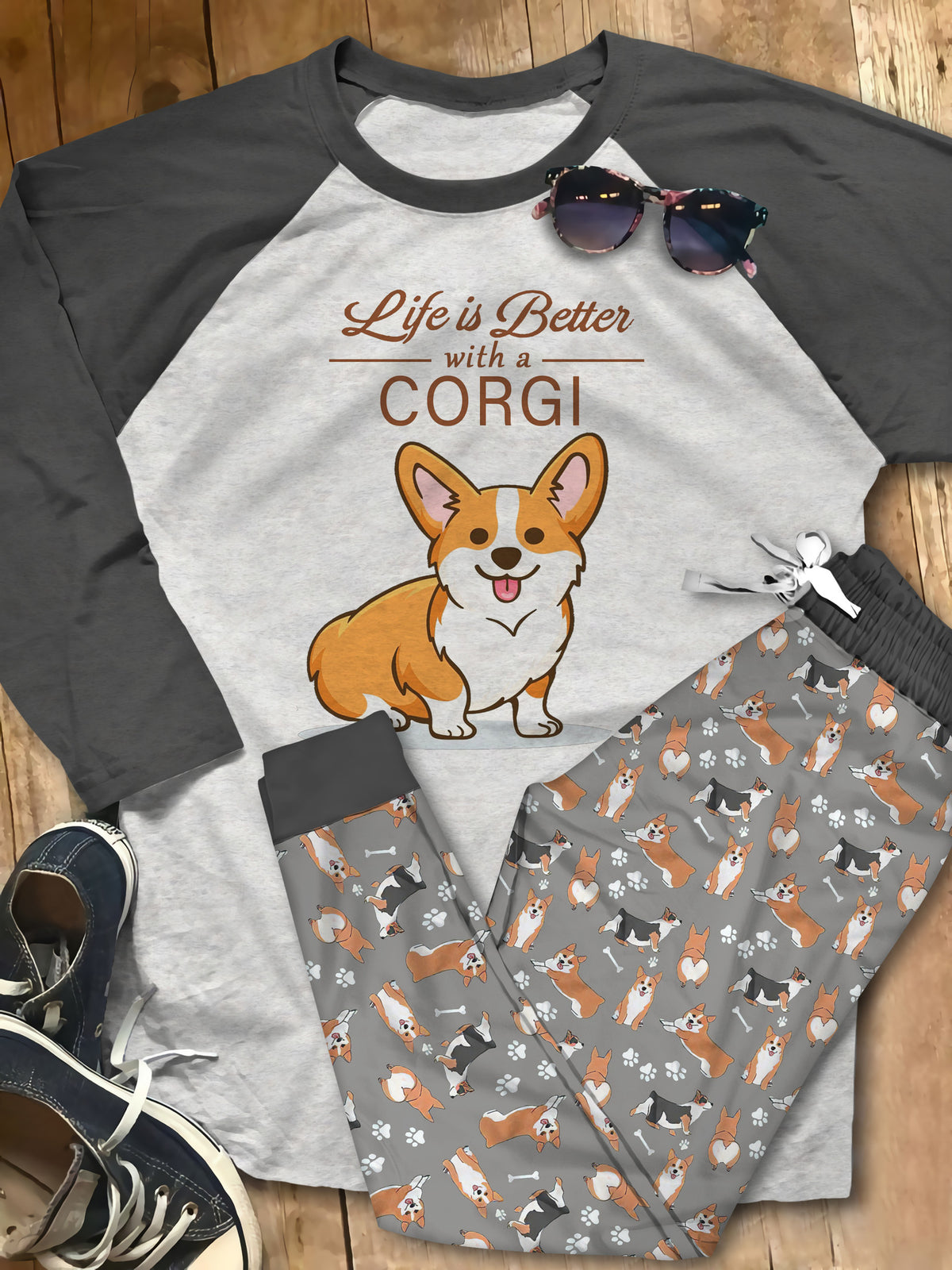 Corgi Life Is Better Pajama Set |Sleepwear Pjs Sets | Raglan Shirt Pants Set