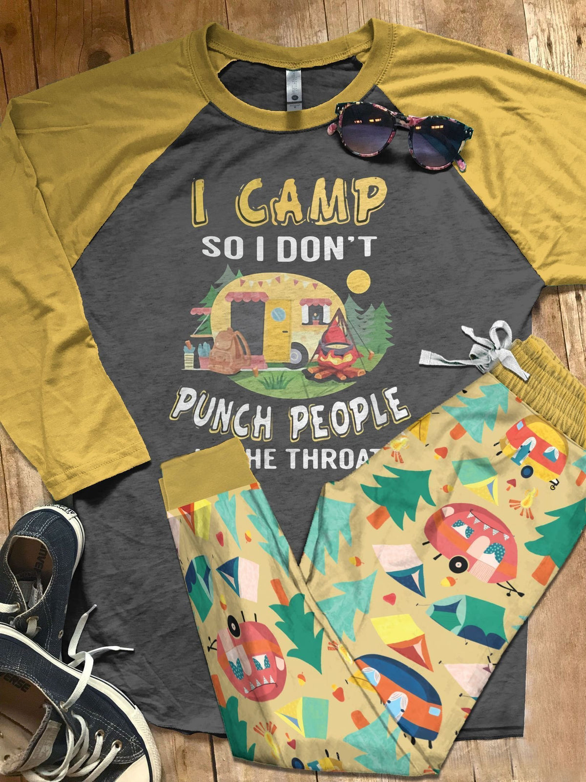 Camping Sunsnhine Camper Pajama Set |Sleepwear Pjs Sets | Raglan Shirt Pants Set