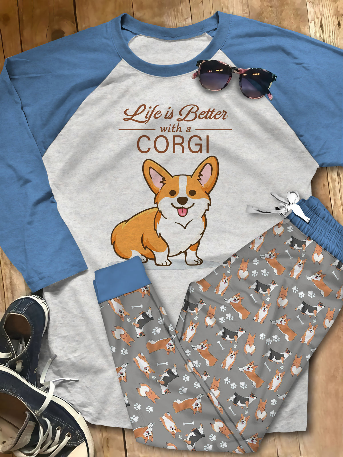 Corgi Life Is Better Pajama Set |Sleepwear Pjs Sets | Raglan Shirt Pants Set