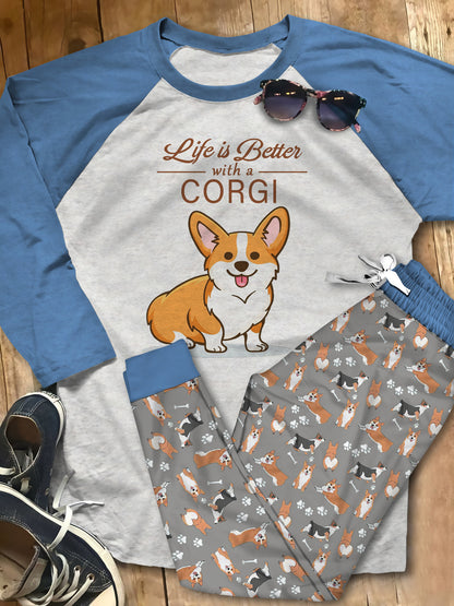 Corgi Life Is Better Pajama Set |Sleepwear Pjs Sets | Raglan Shirt Pants Set