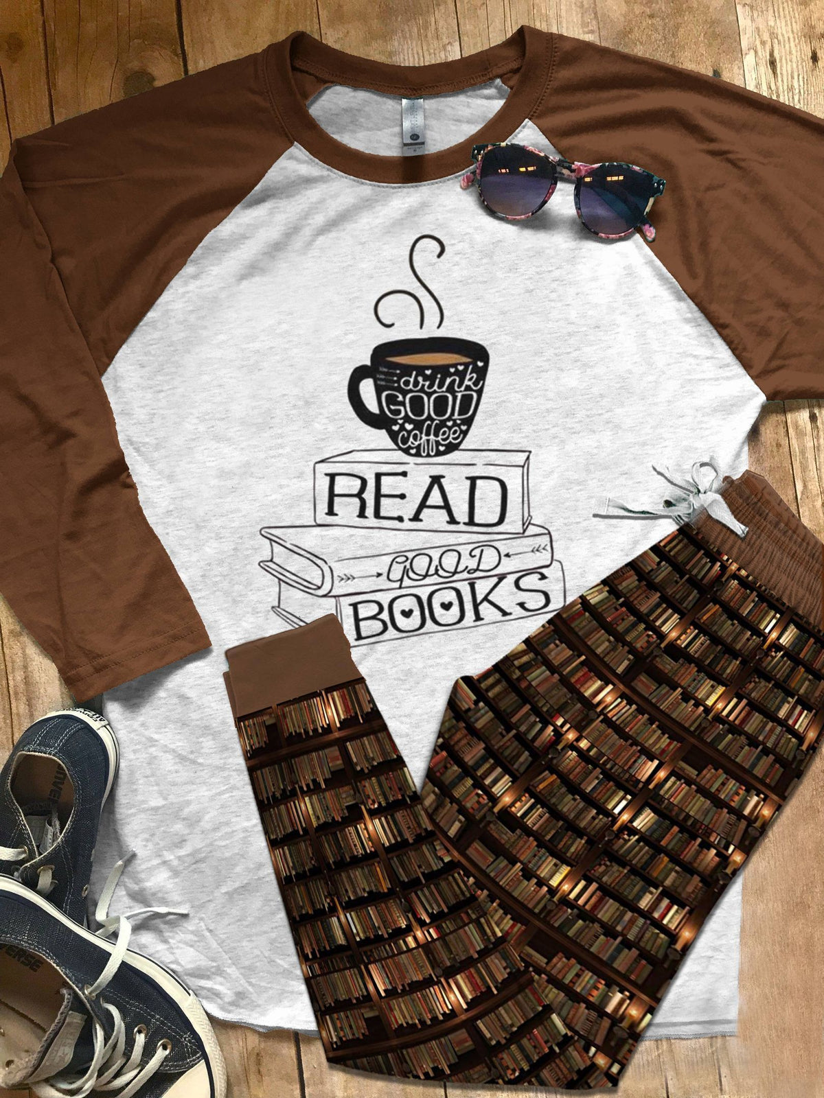 Reading Books And Coffee Pajama Set |Sleepwear Pjs Sets | Raglan Shirt Pants Set