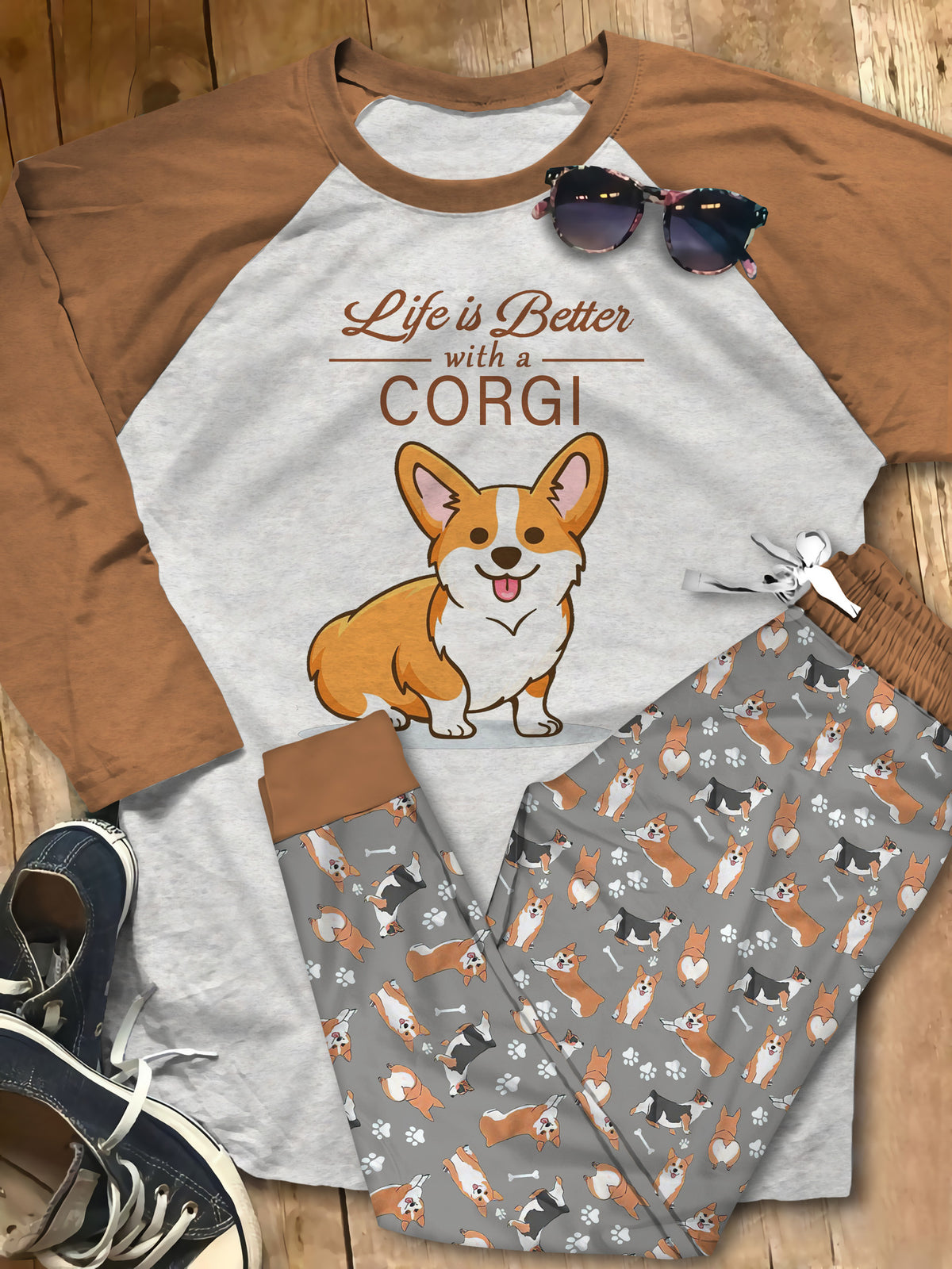 Corgi Life Is Better Pajama Set |Sleepwear Pjs Sets | Raglan Shirt Pants Set