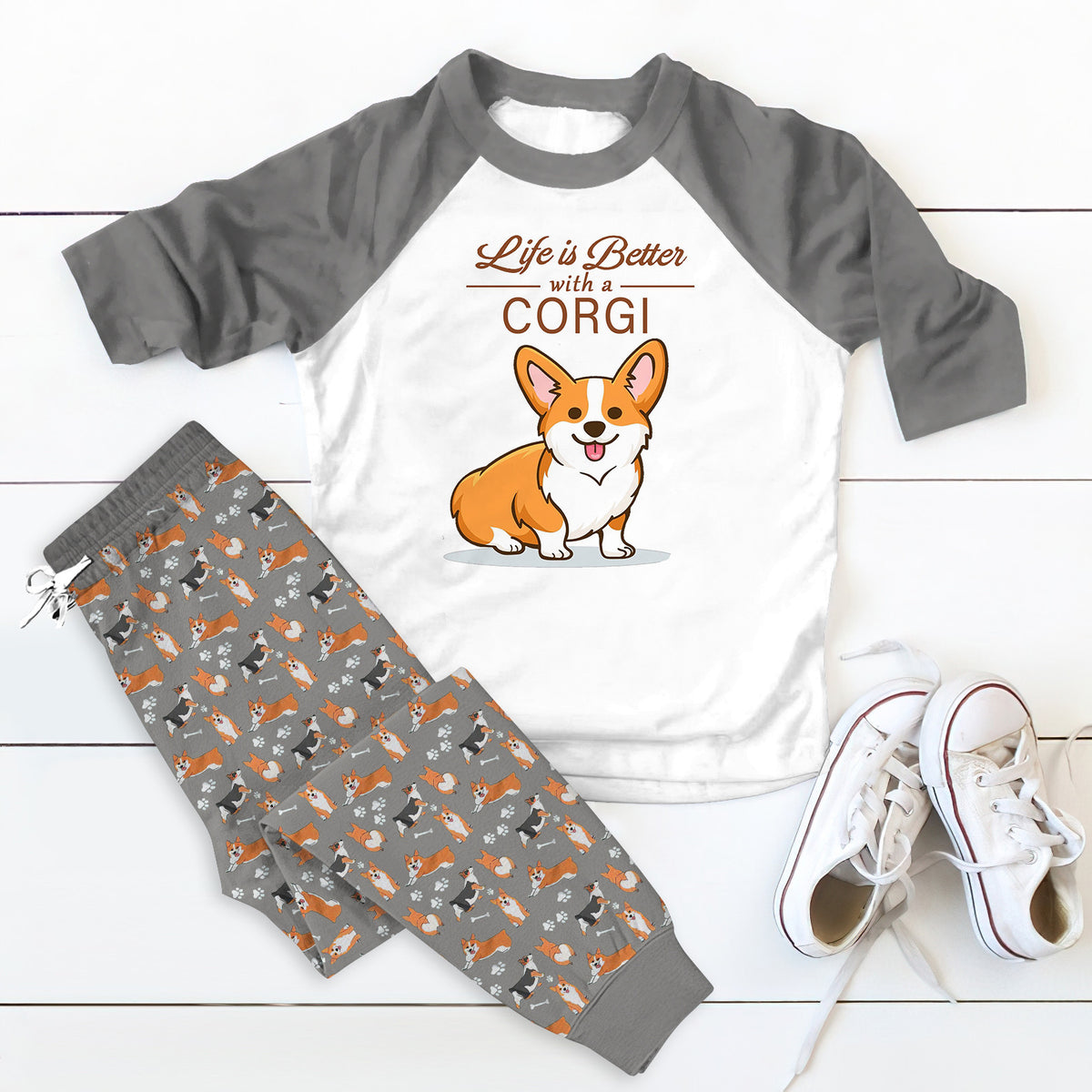 Corgi Life Is Better Pajama Set |Sleepwear Pjs Sets | Raglan Shirt Pants Set